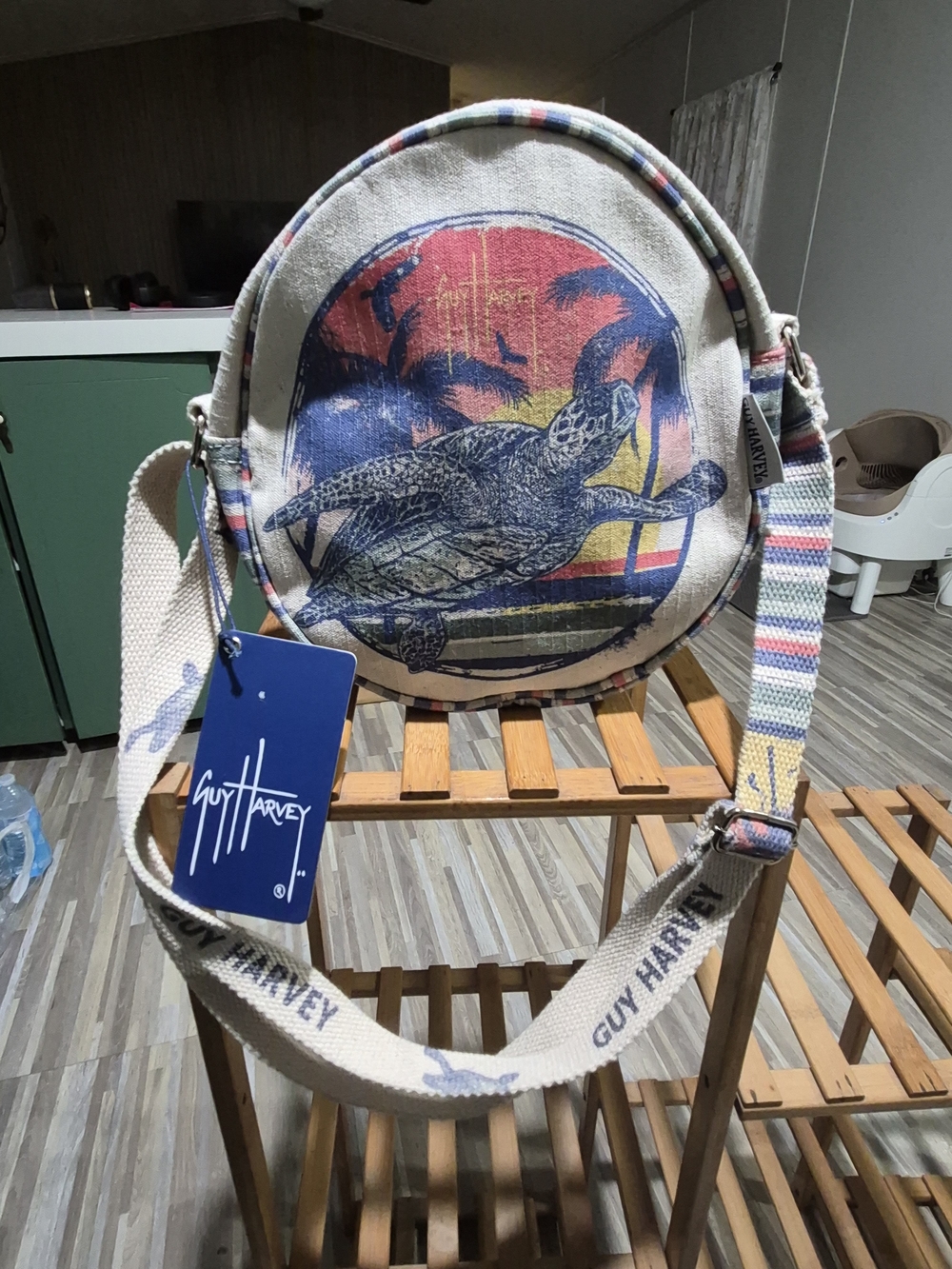 Guy Harvey Turtle Canvas Round Crossbody Bag - Natural with Multicolor Print